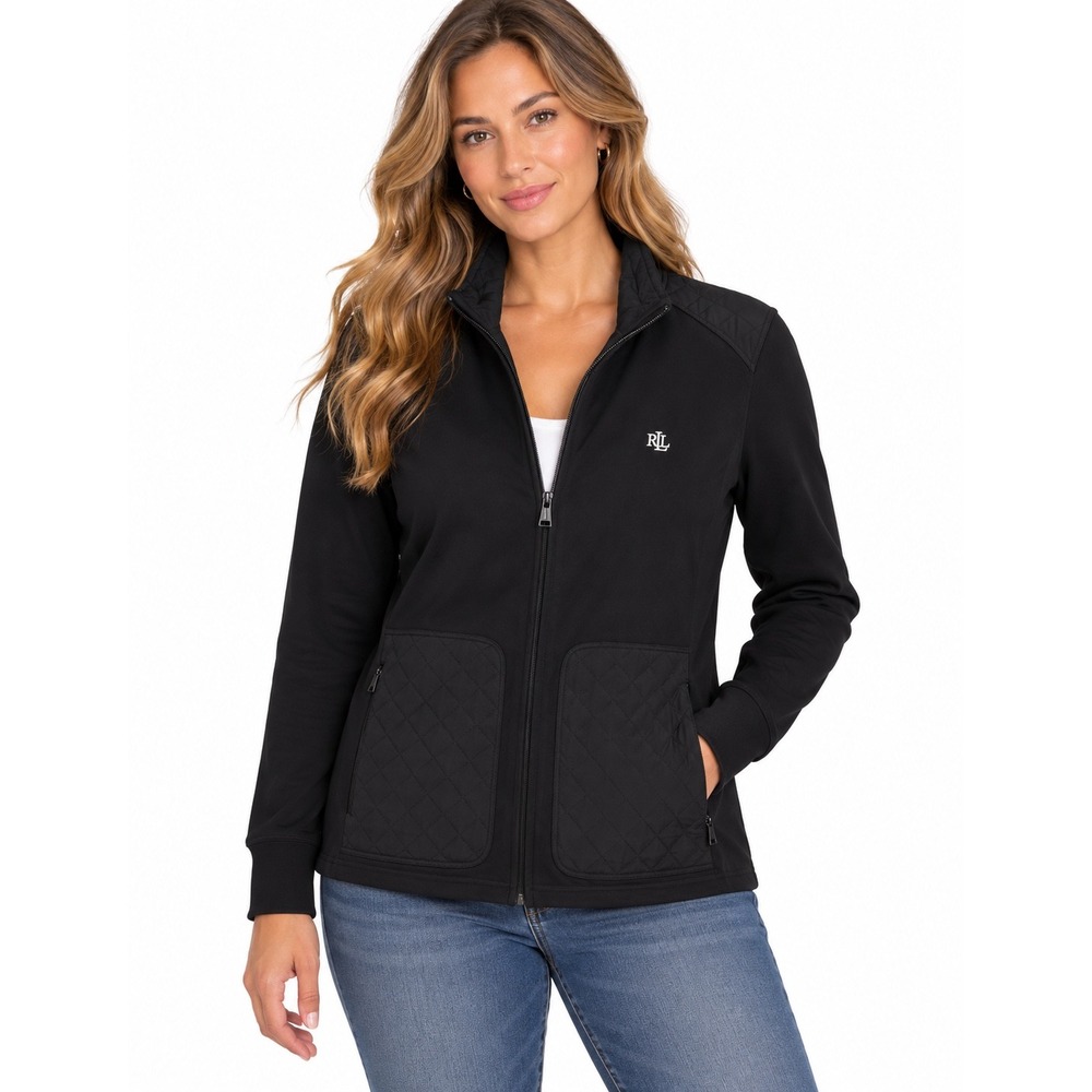 Lauren Ralph Lauren Black Quilted Mixed Media Full Zip Jacket Women Large L